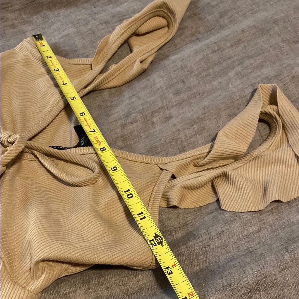 Tan Ribbed Crop Top with Ruffle Sleeves - Picture 8 of 11